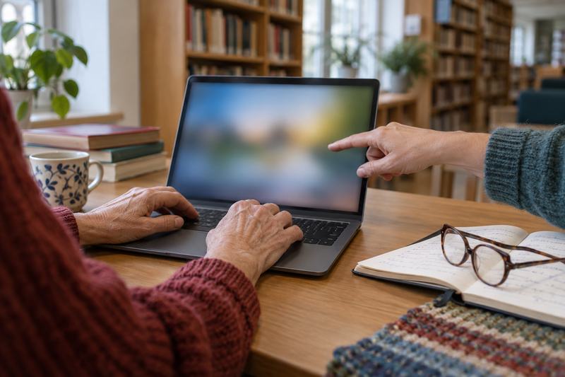 Vecāka gadagājuma kursu dalībnieka rokas uz klēpjdatora bibliotēkā; pasniedzējs norāda uz ekrānu