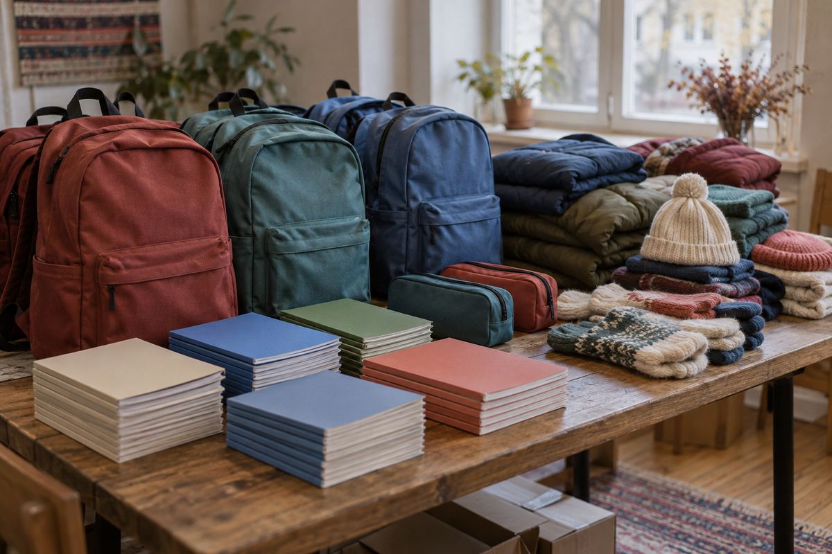 Uz galda izliktas skolas mugursomas, burtnīcas un salocīts ziemas apģērbs, kas sagatavots nodošanai ģimenēm