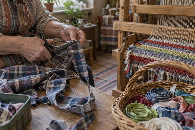 Vecākas sievietes rokas griež vecu kreklu strēmelēs blakus koka stellēm ar pusaustu lupatu paklāju